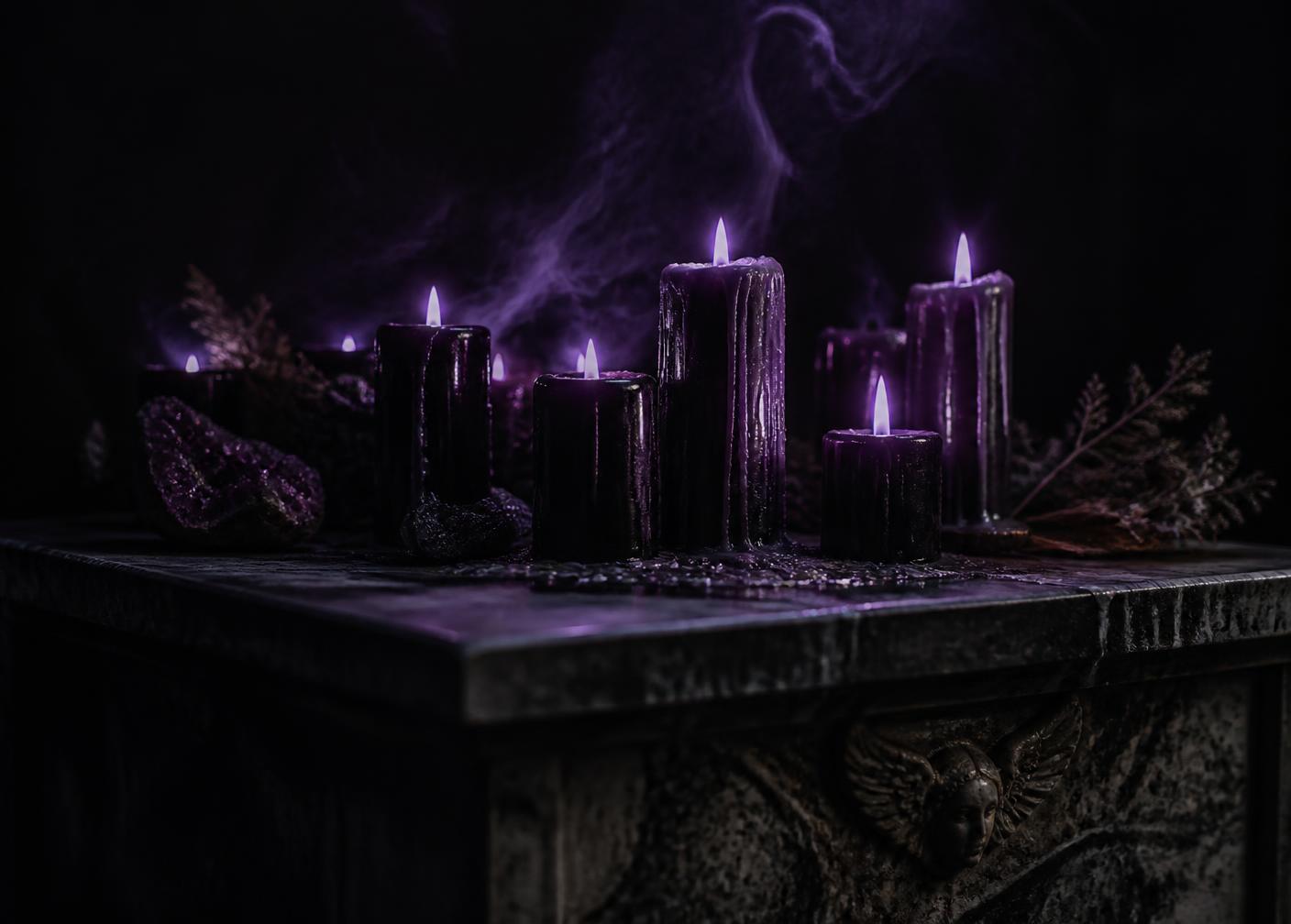 Black candles burning on a dark altar with dried botanicals, representing an emailed psychic reading