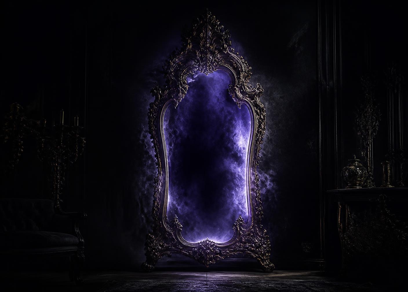 An antique mirror holding violet smoke in a dark room