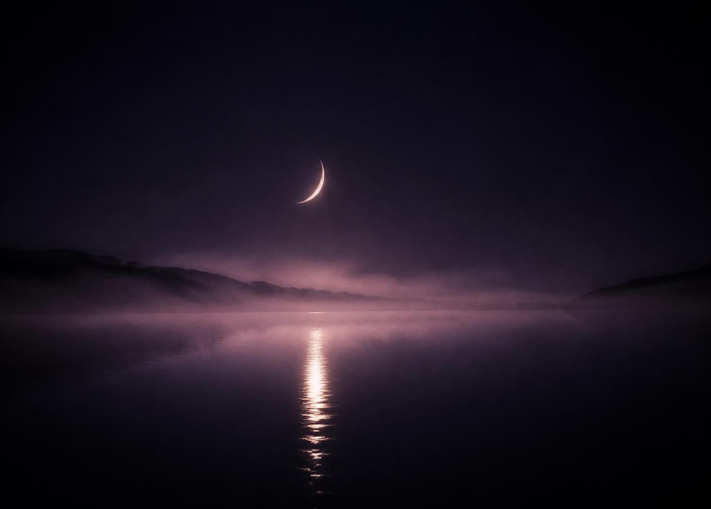 A pale moon reflected on still black water