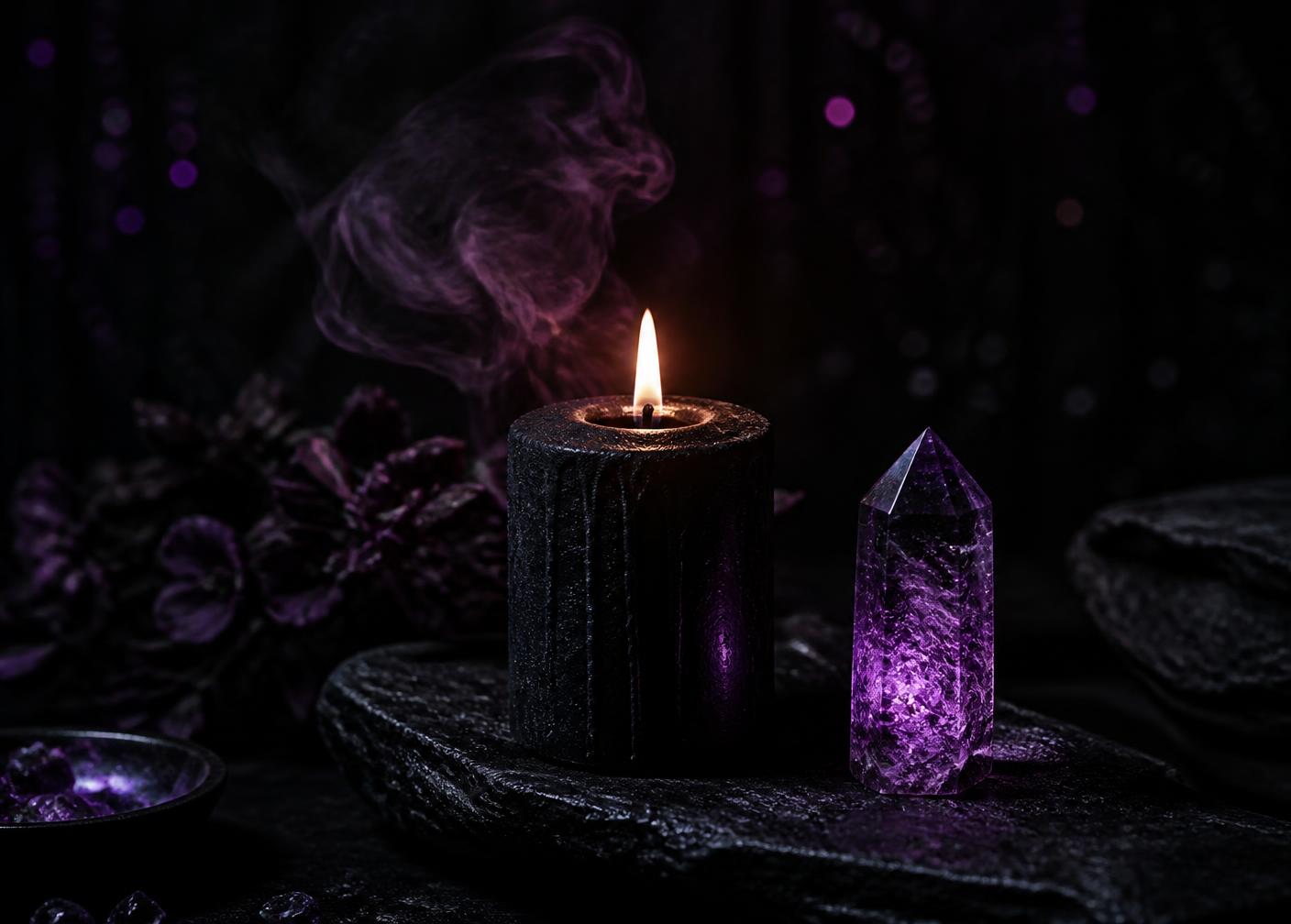 A single black candle and glowing amethyst point on dark stone, representing a short psychic insight session